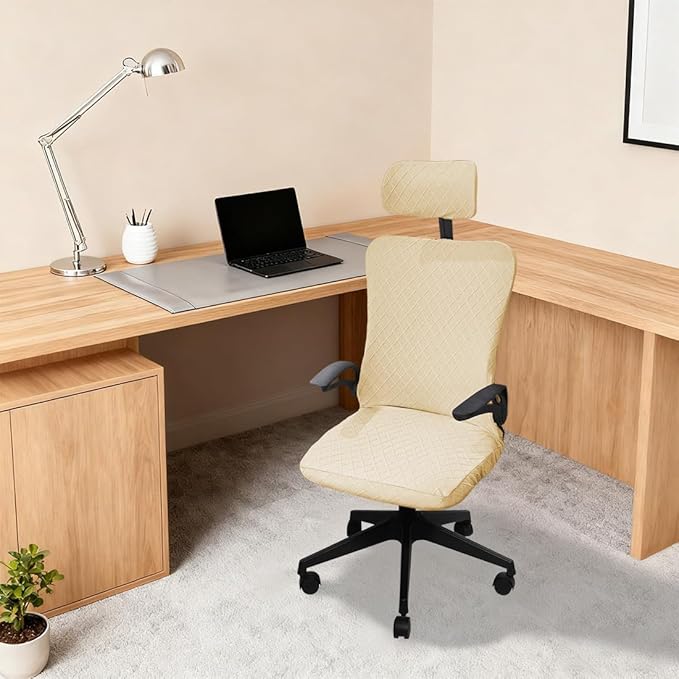 Ergonomic Office Chair Covers Set with Headrest Cover Stretch Desk Computer Chair and Headrest Slipcovers Washable Protector Slipcovers for Swivel Computer Chair 4 Pieces Beige