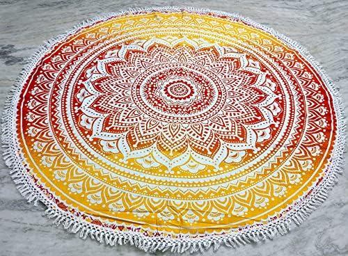 Round Beach Tapestry Turquoise Mandala Throw/Boho Hippie Beach Blanket Roundie/Indian Cotton Bohemian Large Round Table Cloth-Home Decor/Yoga Mat Meditation Picnic Rug (70", Yellow-Orange)