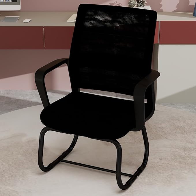Modern Mesh Office Chair, Ergonomic Desk Chair with Armrests, Breathable Computer Task Seat for Home Work, Sled Base Guest Furniture, Comfortable Lumbar Support, Metal Frame, Black