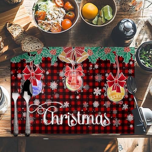 Balls Snowflake Placemats Set of 6, Xmas Plaid Decoration Washable Cotton Linen Table Mats for Kitchen Dining Table, Heat Insulation Place Mats for Indoor Outdoor Parties, Holiday Decorations