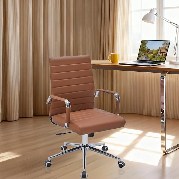Brown Leather Ribbed Office Desk Chair, Ergonomic Mid-Back Executive Conference Room Chairs with Wheels, Adjustable Swivel Computer Task Chair with Arms and Thick Padded Seat
