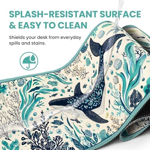 Aesthetic Desk Mat, Cute Drifting Whales Desk Pad Protector for Work & Decor, 35.4" x 15.7", Pretty Non-Slip Extended Mouse Pad for Office or Home