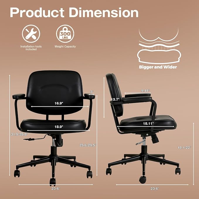 Home Office Chair, Ergonomic Desk Chair with Lumbar Support, Adjustable Height Rolling Swivel Task Chair with Armrests, PU Leather, for Meeting,Study Room Black