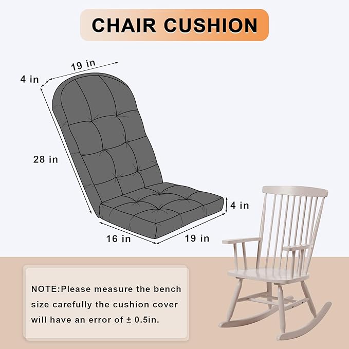 Rocking Chair Cushion - Chenille Fabric, High-Density Sponge, Durable Comfort Non-Slip Bottom Tufted Seat Pads with Ties, Chenille︱Gray, 44x19x4 inch
