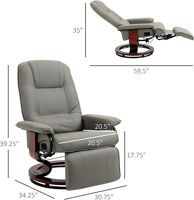 HOMCOM Swivel Recliner Chair, PU Leather Reclining Armchair with Retractable Footrest, Lounge Chair with Wood Base and Adjustable High Back for Small Spaces, Living Room, RV, Bedroom, Gray