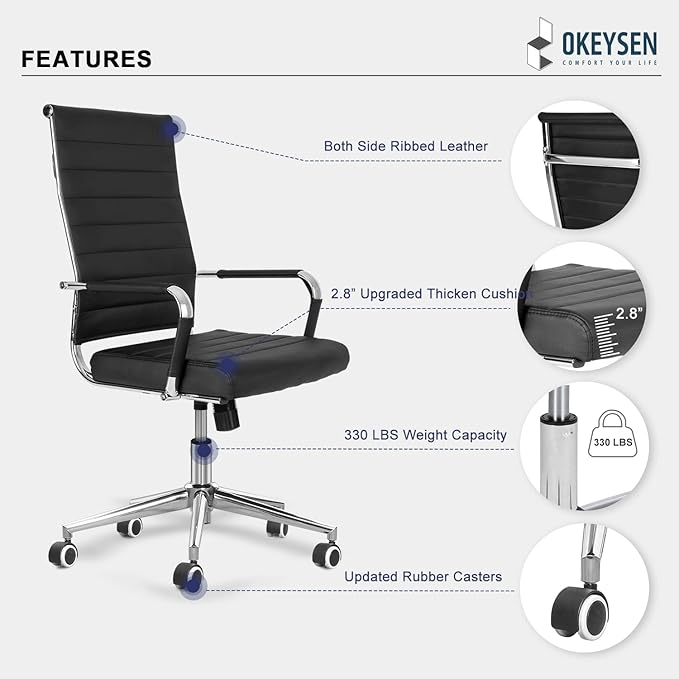 Okeysen Black Conference Room Chairs, Modern Ergonomic PU Leather Office Desk Chair Ribbed for Office, High Back Executive Swivel Rolling Task Chair for Home