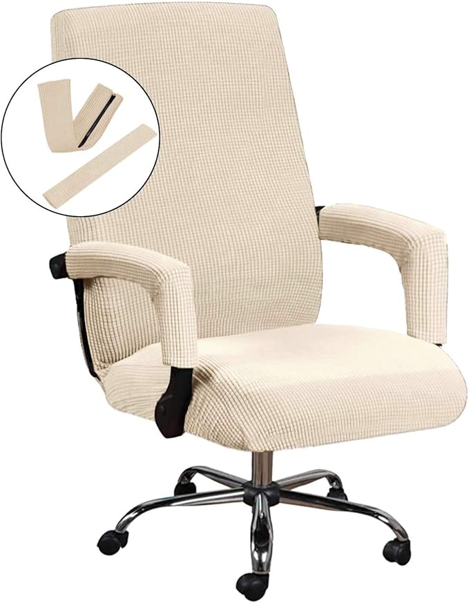 H.VERSAILTEX Office Chair Cover with Armrest Stretchable Computer Desk Chair Cover Thick Checked Jacquard High Back Office Seat Cover for Universal Rotating Chairs (Large Size,Natural)