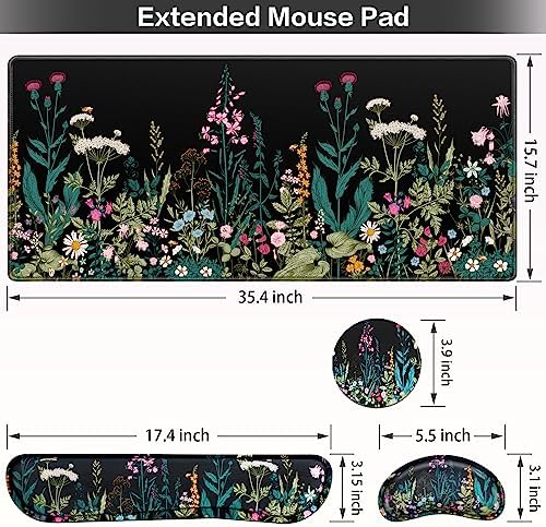 Desk Mat, Large Gaming Mouse Pad with Wrist Rest, 4in1 XXL Mousepad Floral