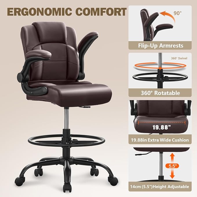 Ergonomic Drafting Chair,Tall Office Chair for Standing Desk with Flip-Up Armrests,Adjustable Foot Ring & Height, High Leather Executive Office Chair for Home,Drawing or Counter Height Use