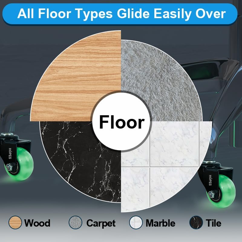 HOPES Office Chair Wheels Replacement Set of 5 – Heavy Duty Rubber Casters, Smooth & Quiet Rolling for Hardwood Floors and Carpet, Universal Stem, No Floor Mat Needed (Glow Green, 2inch-660lbs)