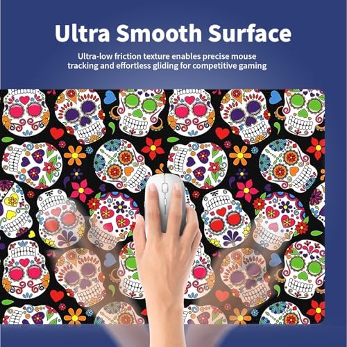 Sugar Skull Vibrant Floral Large Mouse Pad, Day of The Dead Black Desk Mat