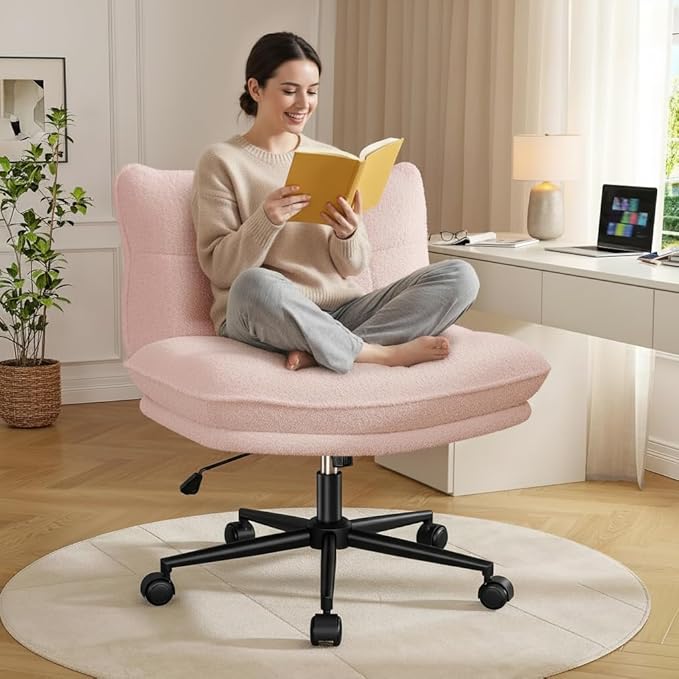 DurayLoly Criss Cross Chair with Wheels, 6.2" Extra Thick Cross Legged Office Chair, Height Adjustable Swivel Design for Home Office, Study & Vanity,Pink