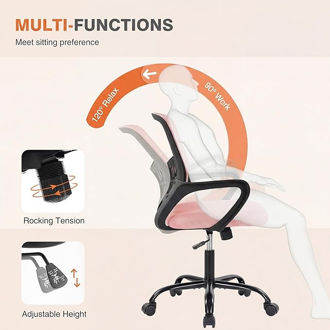 Sweetcrispy Home Office Managerial Executive Chair, Ergonomic Mesh Adjustable Swivel Mid-Back Computer Desk Chair with Comfortable Lumbar Support, Comfy Arms for Bedroom,Study, Blak&Pink