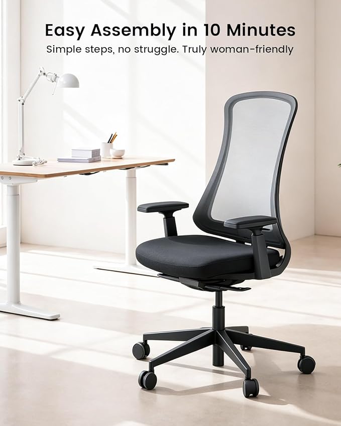 ProtoArc Ergonomic Office Chair – Flexer Mesh Couputer Chair for Women, Foam Sliding Seat, 125° Recline, Home Desk Chairs for Small Spaces, Stylish & Comfortable – Black