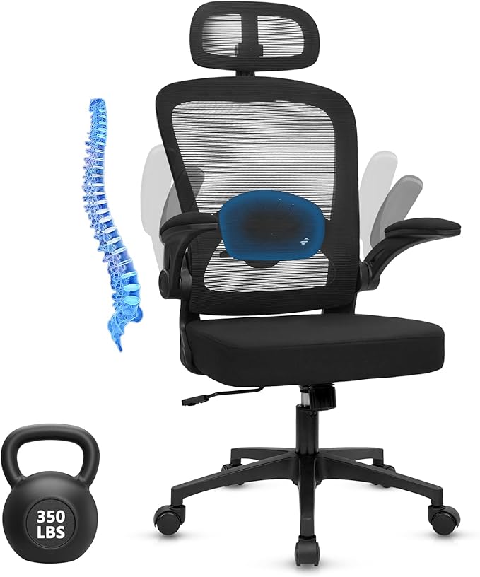 KLASIKA Desk Chairs with Wheels, Ergonomic Mesh Back Home Office Chair with Headrest, Adjustable Lumbar Support Swivel Rolling Computer Chairs with Flip Up Armrests for Conference Meeting Room, Black