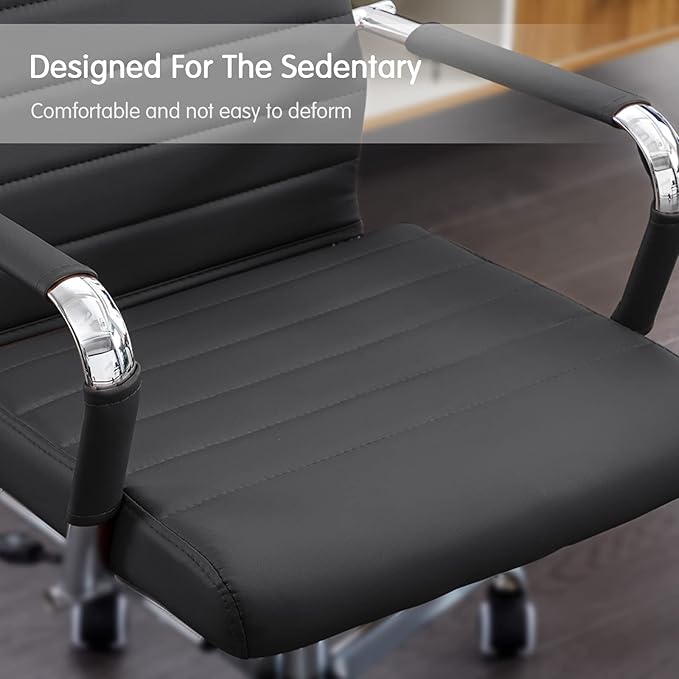 Modern Leather Conference Room Chairs,Home Office Chair Ribbed, Ergonomic Executive Office Desk Chairs, High Back Computer Chair, Adjustable Swivel Chair with Arms (Black)