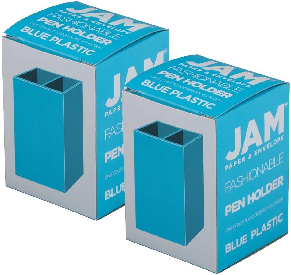 JAM PAPER Plastic Pen Holders - Blue Desktop Pencil Cups - 2/Pack