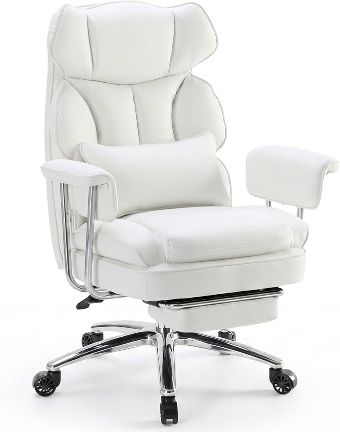 DUMOS Home Office Desk Executive Chair - Ergonomic Big Tall High Back with Footrest & Lumbar Support, Reclining Height Adjustable, Comfy PU Leather Computer Gaming with Swivel Wheels, White