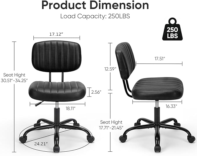 DUMOS Small Office Desk Chair - Armless PU Leather with Comfy Lumbar Support, Height Adjustable Rolling Swivel Task for No Arms, for Adult, Student, Bedroom, Home, Vanity, Black