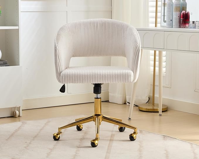KCC Home Office Chair Swivel Desk Chair Accent Armchair Upholstered Modern Tufted Chairs with Gold Base for Girls Women Ergonomic Study Seat Computer Task Stools, with Wheels, Corduroy,Beige