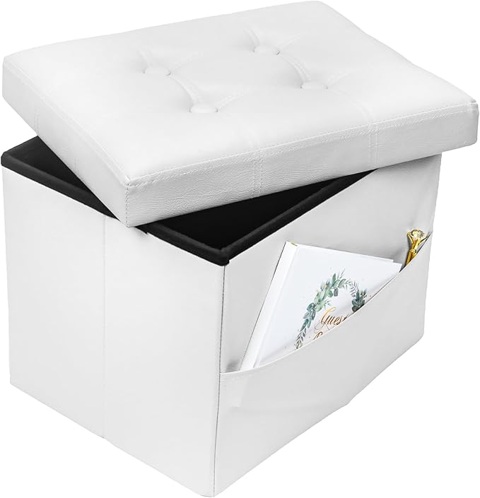 Bsketa Storage Ottoman Foot Rest Stool, Small Leather Storage Ottomans Bench, Folding Footstool with Side Pockets, Foot Rest Under Desk for Living Room Bedroom, 17x13x13 in, White