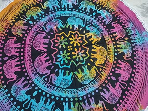 Round Beach Tapestry Turquoise Mandala Throw/Boho Hippie Beach Blanket Roundie/Indian Cotton Bohemian Large Round Table Cloth-Home Decor/Yoga Mat Meditation Picnic Rug (42", Multi Color)