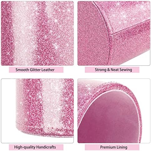 Glitter Pen Holder for Desk, Cute Pencil Cup Pink for Women Girls, Luxury Makeup Brush Holder Large Pu Leather Multi-Functional Organizer Cup for Office, Classroom, Home, Glitter Pink