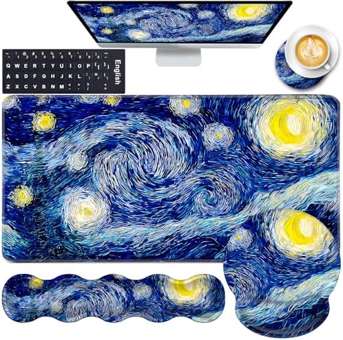 Mouse Pad,Large Pink Desk Mat, 4in1 XXL Mousepad + Keyboard Wrist Rest+Mouse Wrist Rest+Coaster Set with Ergonomic Desk Pad for Home Office Table Computer-Abstract Night Sky