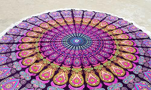 Round Beach Tapestry Turquoise Mandala Throw/Boho Hippie Beach Blanket Roundie/Indian Cotton Bohemian Large Round Table Cloth-Home Decor/Yoga Mat Meditation Picnic Rug (42", Pink And Yellow)