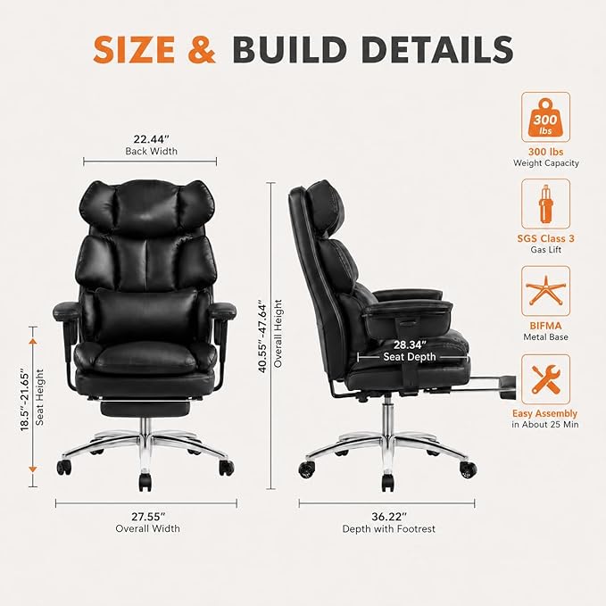 Big and Tall Ergonomic Office Chair with Footrest, Executive High Back PU Leather Desk Chair, Reclining Computer Chair with Adjustable Lumbar Support and Armrests, Swivel Rolling Gaming Chair, Black