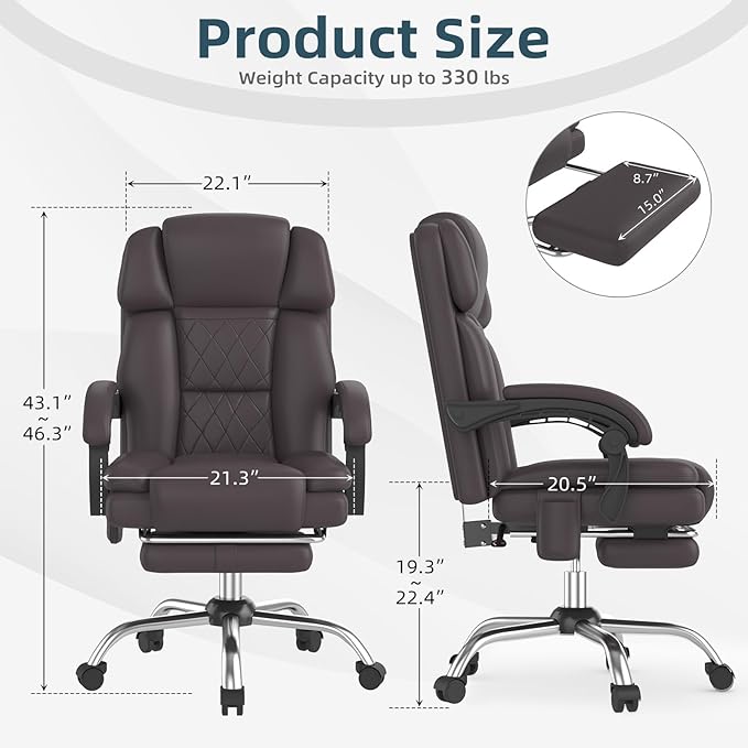 HOMREST 6-Point Massage Office Chair with Heat, Ergonomic Reclining Desk Chair with Footrest, PU Leather Executive Chairs for Home Office, Massaging Computer Chair Gift for Men, Brown