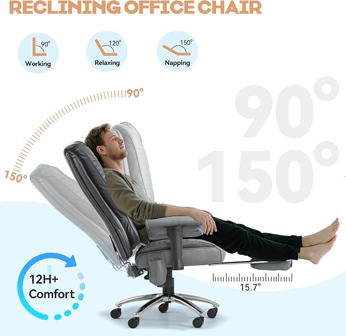 Massage Office Chair with Foot Rest, Ergonomic Executive Heated Office Chair with Reclining Backrest, Adjustable Arms and Lumbar Support, High Back Leather Desk Chairs for Home Office, Gray