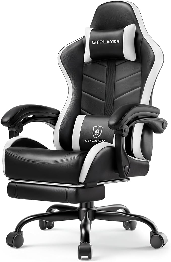 GTPLAYER Gaming Chair for Adults, Ergonomic Computer Gaming Chair with Footrest, Height Adjustable, 90-155° Recline & Removable Headrest Lumbar Support, Pearl White