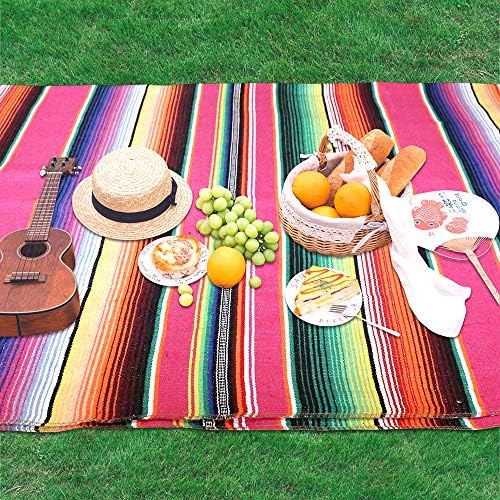 Xplanet Mexican Serape Blanket, 84 X 59 Inch, Cotton, Rectangular, Rose Pink, Tablecloth, All-Season, Tassel