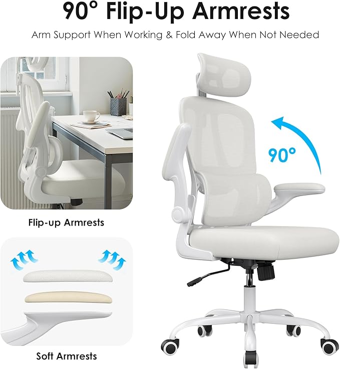 Breathable All-Mesh Ergonomic Chair with Headrest - High Back Desk Chair for Cool, Sweat-Free Work Sessions, Silent Casters Perfect for Bedroom Office (Beige)