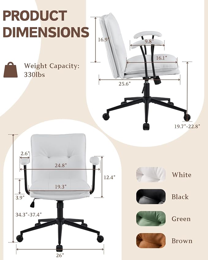 Karl home Faux Leather Office Chair with Removable Armrests, Adjustable Height & 360° Swivel, Tufted Thick Cushion Computer Desk Chair with Lumbar Support for Living Room, Vanity, White