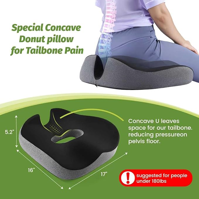 anzhixiu Concave U Surface Donut Pillow for Tailbone Pain Cradle Tailbone Reducing Pressure on Pelvis- Hemorrhoid Pillow for Office, Car, Home Seat-Gray (Black/Gray)