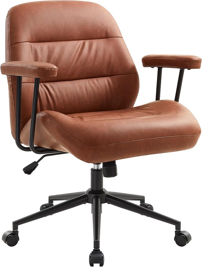 IWMH Leather Office Chair with Removable Armrests，Mid-Back Ergonomic Desk Chair with Lumbar Support，Adjustable Height 360° Swivel Executive Task Chairs for Home Office (Brown)