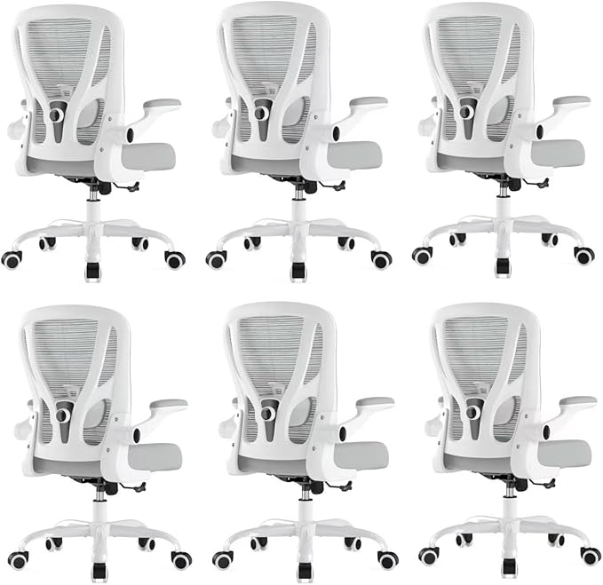 Office Chair Ergonomic Desk Chair - Mesh Computer Chair Breathable Task Chair with Wheels Adjustable Lumbar Support Home Desk Office Chairs Flip up Armrest White 6 Pack