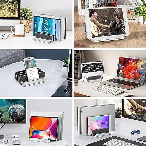 Vertical Laptop Stand for Desk [Updated Version],3-Slot Space-Saving Aluminum Desktop Stand Holder with Adjustable Dock Size Compatible for All MacBook/HP/Dell/Surface/Samsung/Chrome Book(Silver)