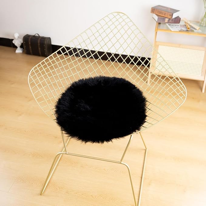 LLB Sheepskin Chair Pad Office Cushion Cover for Dining Room, Desk, Computer - Fur Area Rug for Living Room, Round 16.5" (Pack of 1), Black