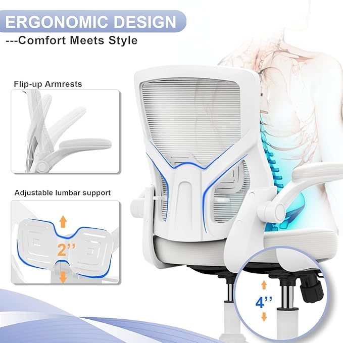 Office Chair for Long Hours & Lower Back Pain Relief – 4" Thick Molded Foam Cushion, Padded Lumbar Support and Flip-up Armrests, Ideal for Office or Study, White