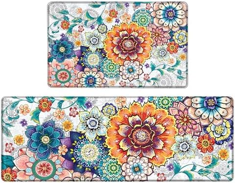 Floral Kitchen Rugs Mats for Floor 2 Piece Flowers Anti Fatigue Kitchen Mats Non Slip Cushioned Comfort Standing Mat for Sink, Office, Laundry, 17.3x28+17.3x47 Inch