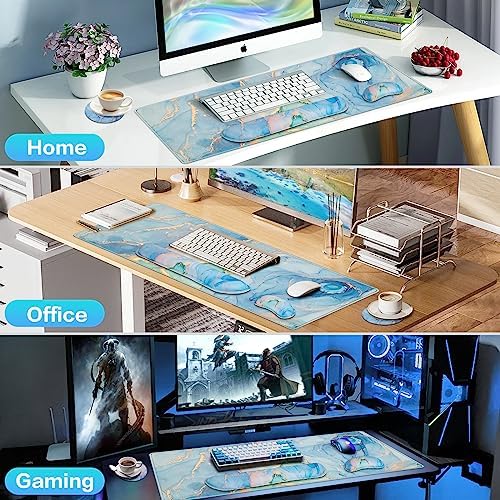 4 in1 Desk Mat Blue, Large Gaming Mouse Pad with Wrist Rest,