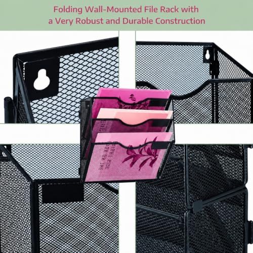 3 Pockets Mesh Wall File Holder Organizer Office Hanging File Folder Magazine Rack, Nametag Label Hooks Set Included (Black)