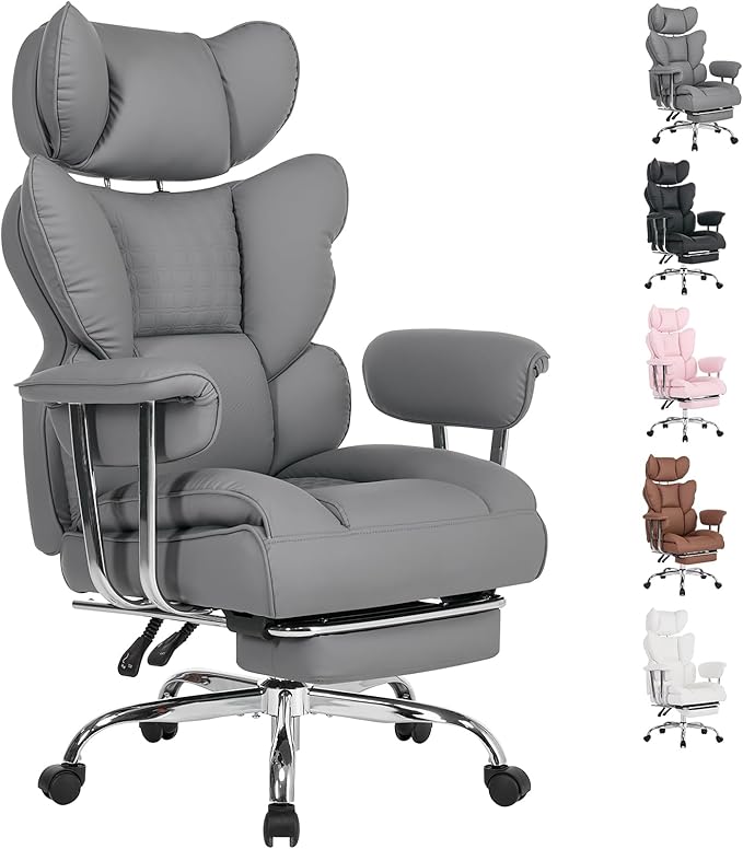 DUMOS Big and Tall Office Chair 350 LBS, Scratch-Resistant PU Leather Executive Office Desk Chair with Footrest, Ergonomic Reclining Computer Chair with Pocket Spring Support for Home Office, Grey
