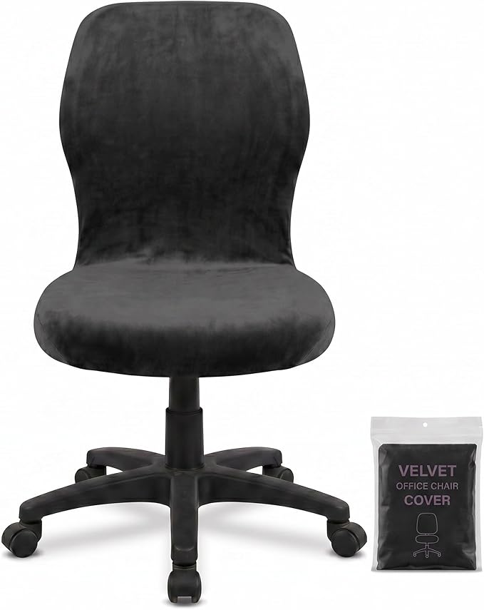 Deisy Dee Velvet Stretch Armless Office Chair Covers - Colorful Stretch Slipcover for Desk Chairs (Black)