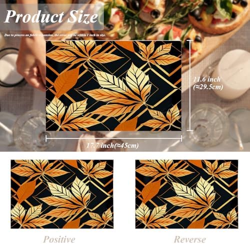 Shrahala Yellow Maple Leaves Placemats, On Black Grid Table Mat Linen Burlap Washable Double-Deck Heat Insulation for Dining Table Kitchen Table Set of 4 (12 x 18 inch)