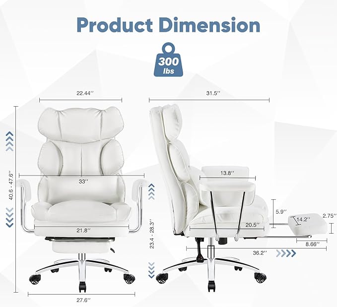 DUMOS Home Office Desk Executive Chair - Ergonomic Big Tall High Back with Footrest & Lumbar Support, Reclining Height Adjustable, Comfy PU Leather Computer Gaming with Swivel Wheels, White
