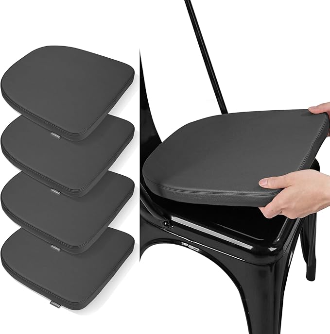 SINOSSO Modern Faux Leather 14" Metal Chair Cushions Set of 4, Leathaire Magnetic Chair Pads for Dining Kitchen Cafe Bistro Stackable Chairs (U-Shape, Black, 4)